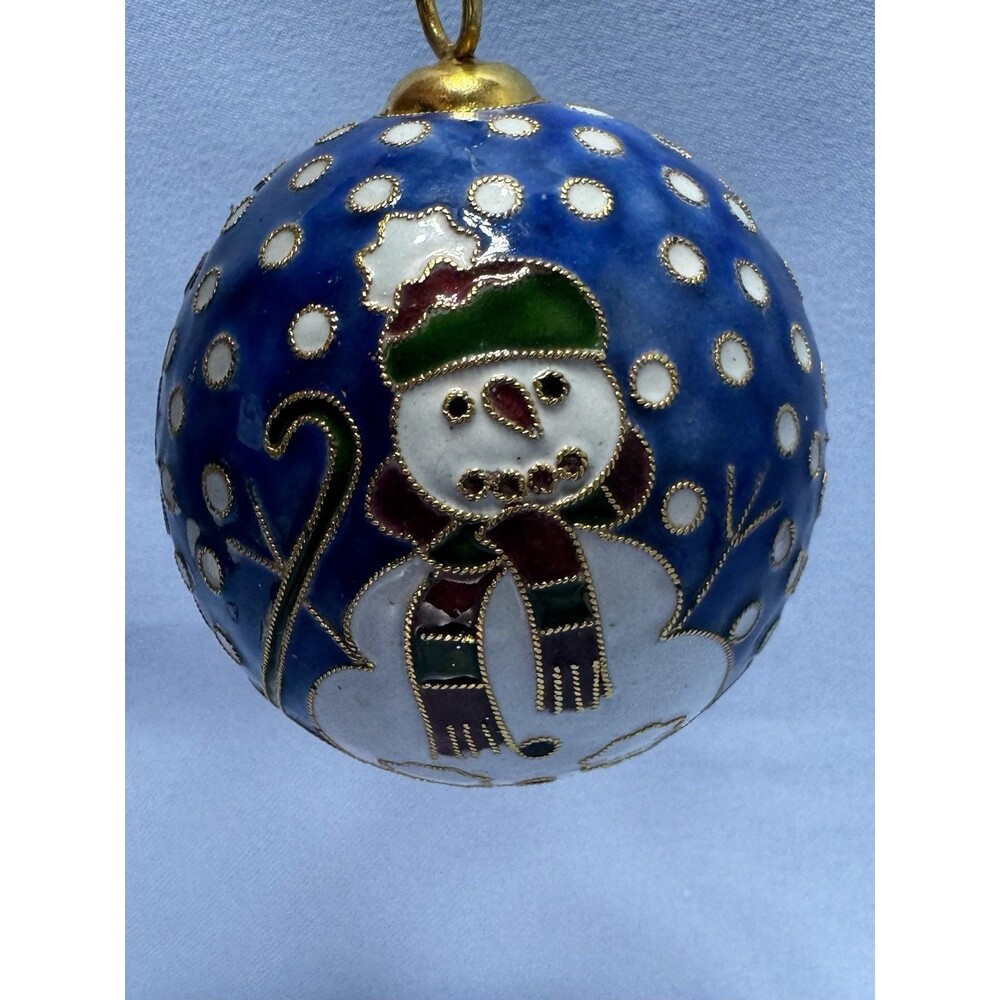 Cloisonné Enamel Ball Christmas Holiday Ornament Blue W/ Snowmen 2.5 Inches